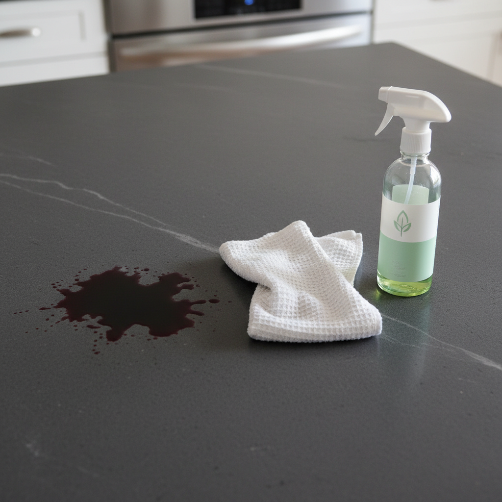 A detailed, professional photograph capturing a close-up of a smooth, dark grey soapstone kitchen countertop. A fresh, dark red wine stain is prominently visible on the left side, slightly absorbed into the surface, creating a noticeable contrast. Adjacent to the stain, a small, clean, white microfibre cloth is partially placed, ready for use, alongside a generic, eco-friendly cleaning spray bottle. The lighting is soft but highlights the stone's subtle natural veins and the texture, emphasizing both its beauty and its vulnerability to stains.