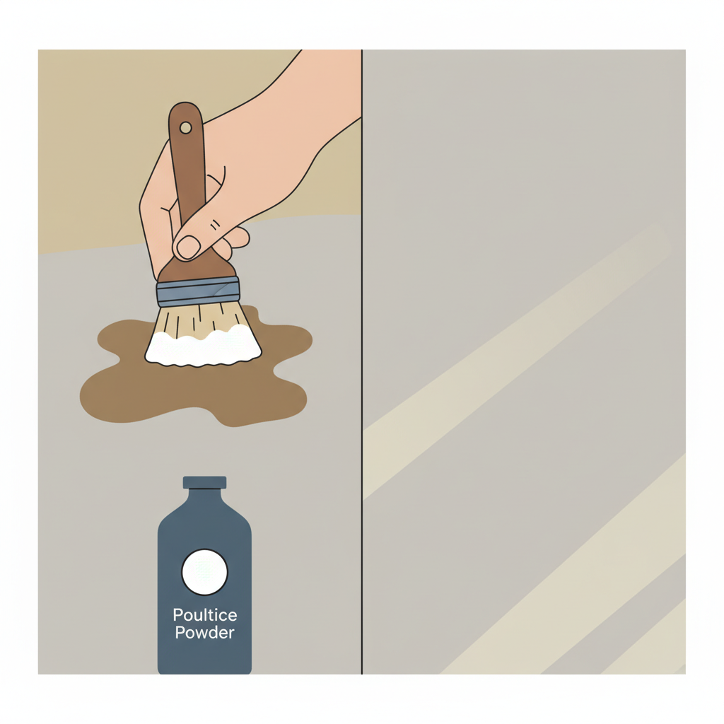 A modern, flat illustration depicting a before-and-after scenario for cleaning soapstone. On the left, a section of a light grey soapstone surface shows a prominent, dark oil stain. Above it, a hand gently applies a small amount of a white powdery substance (poultice) with a soft brush. On the right, the same soapstone section is perfectly clean and restored, subtly gleaming. The overall aesthetic should be clean, minimalist, and utilize soft, earthy tones, visually communicating the effectiveness of gentle, specific cleaning methods.