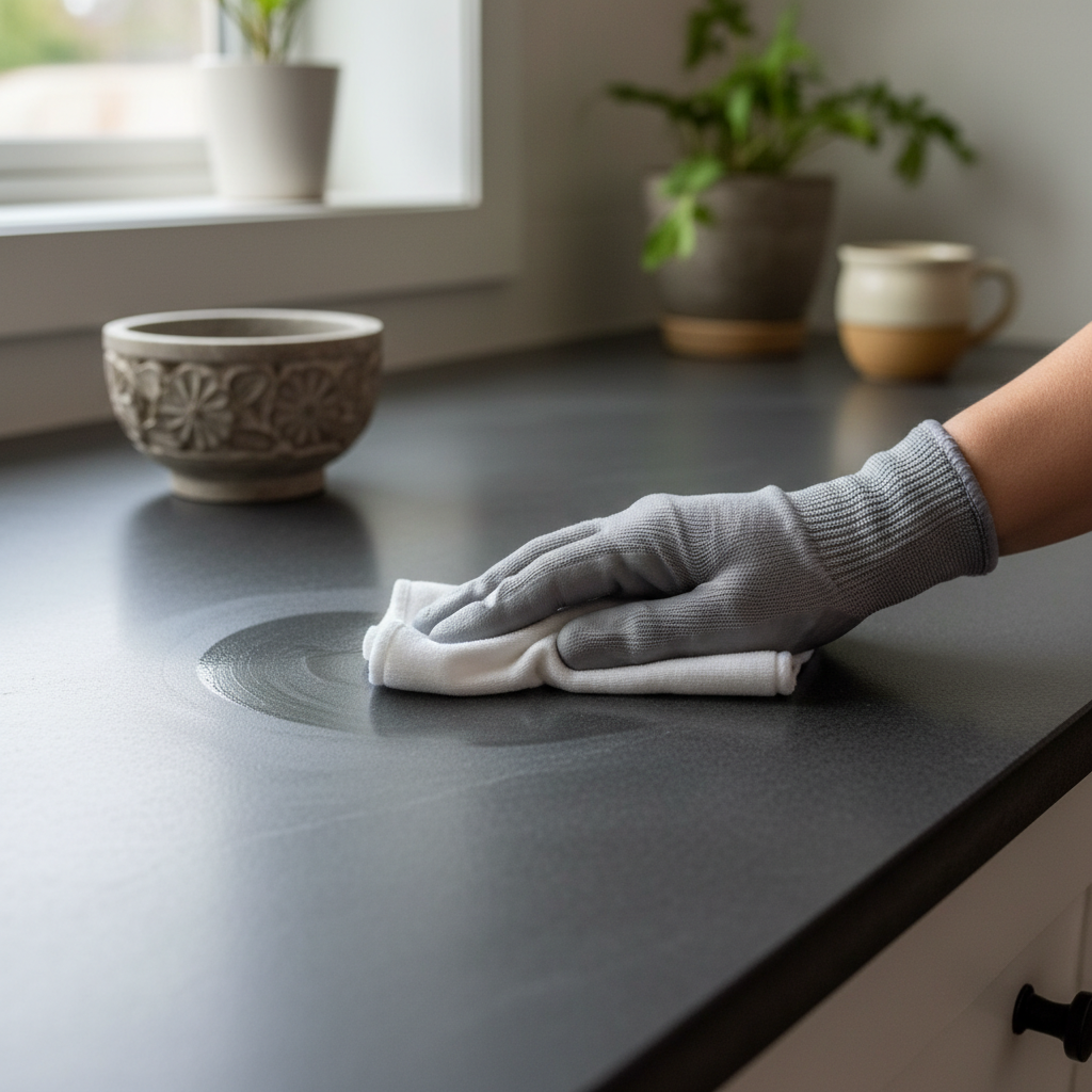 A professional photo showing a segment of a clean, polished soapstone kitchen countertop. A human hand (gender-neutral, perhaps wearing a glove) is gently wiping a small area with a soft cloth, leaving a faint, glistening streak of moisture behind. In the background, out of focus, a decorative element made of soapstone (e.g., a small bowl or carving) can be seen, emphasizing the material's aesthetic versatility. The lighting should be soft and natural, highlighting the stone's subtle variations in color and texture. The overall impression should be one of freshness, care, and natural elegance.