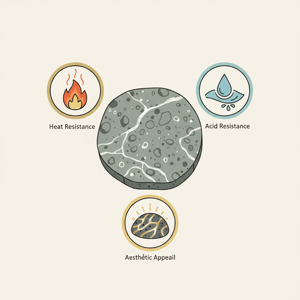 An infographic-style illustration depicting the key properties of soapstone. The central element is a stylized cross-section or close-up of soapstone, showing its subtle porous texture and characteristic grey-green hue. Around it, three small, distinct visual icons represent: 1) Heat resistance (e.g., a subtle flame or heat wave symbol near the stone), 2) Acid resistance (e.g., a drop of liquid harmlessly bouncing off the surface), and 3) Aesthetic appeal (e.g., a subtle glow or elegant pattern emerging from the stone). The style should be clean, modern, and easy to understand, using a cohesive color palette that reflects natural stone.