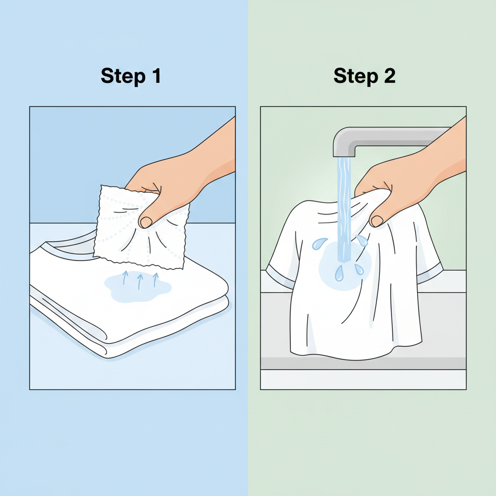 A flat illustration depicting a two-step process for treating a fresh saliva stain on fabric. The first part shows a hand gently blotting a wet stain on a light-colored fabric, like a white t-shirt, using a clean, dry paper towel. The action emphasizes absorption without rubbing. The second part illustrates the fabric being held under a gentle stream of cold water, rinsing the affected area from the back. The water should clearly be cold, perhaps indicated by subtle blue tones. The overall style is clean and informative, perfect for a step-by-step guide, with a bright and approachable color scheme.