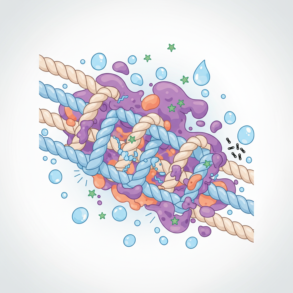 A conceptual illustration in a clean, infographic style, depicting the microscopic interaction of a saliva stain with fabric fibers. Stylized textile threads are shown, with various abstract elements representing components of saliva: irregular shapes for proteins, small, distinct symbols for enzymes, and droplets for water, all adhering to the fibers. Some elements could subtly suggest binding or the initiation of degradation on the fibers. Tiny, simplified bacterial symbols might be shown beginning to gather. The visual should convey the complex composition of saliva and why it becomes problematic on textiles, with a slightly magnified, scientific yet accessible aesthetic.