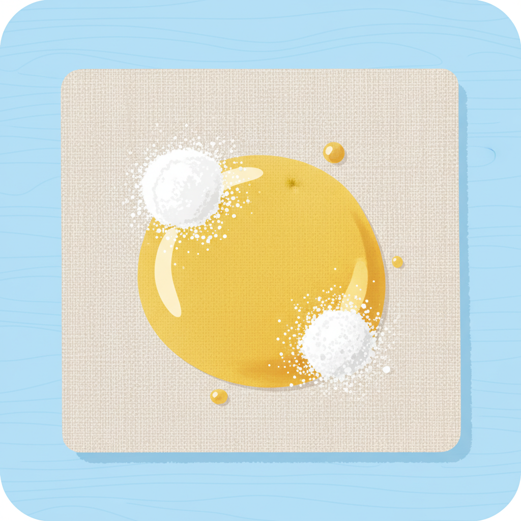 A vibrant, clean flat illustration showing the immediate action on a fresh cooking oil stain. A light-colored fabric, like a beige linen tablecloth, has a prominent, glossy oil droplet stain. Scattered over and around this stain are distinct piles of various white absorbent powders: cornstarch, baking soda, and fine salt, visually indicating their purpose of drawing out the oil. The background is simple and uncluttered, emphasizing the cleaning process. The overall style is friendly, bright, and helpful, perfect for a blog article.