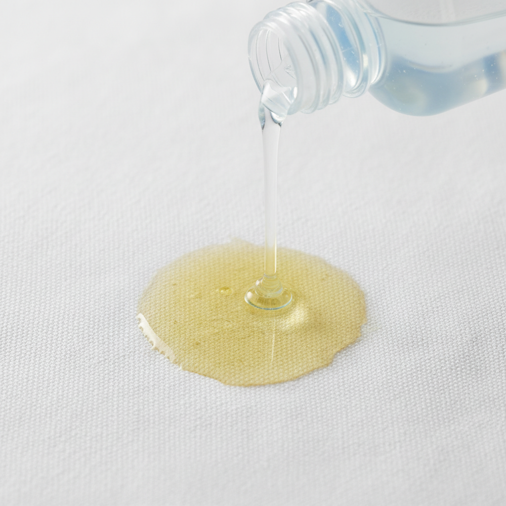 A close-up, bright professional studio photograph or realistic digital illustration focusing on the pre-treatment of an oil stain on white cotton fabric. A visible, slightly set cooking oil stain is prominent on the fabric. A small stream of clear or light-blue liquid dish soap is being precisely applied directly onto the center of the oil stain from an unbranded bottle. The texture of the fabric and the viscous soap should be clear. The image conveys a sense of careful action and effective stain removal preparation.
