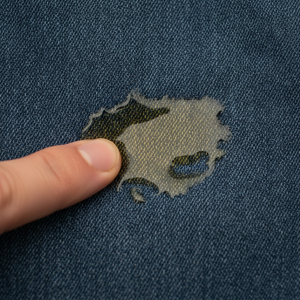 A close-up, high-detail macro photograph capturing a fresh, translucent yellow oil stain actively spreading on a dark blue denim fabric. The fabric fibers are clearly visible, with the oil visibly soaking deeply into the weave, creating a shiny, wet appearance. A slightly blurred hand or finger could be just entering the frame from the side, positioned to suggest immediate action or observation of the stain, emphasizing urgency. The overall impression should be clear and realistic, highlighting the visual challenge of an oil stain on clothing.