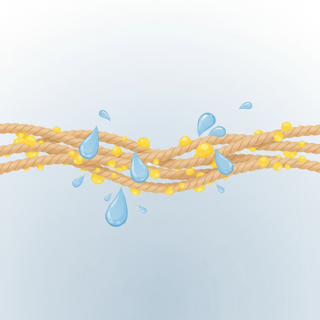 A clean, explanatory illustration in a modern infographic style, depicting the molecular interaction of an oil stain with fabric fibers. Show stylized, intertwined textile fibers (e.g., beige cotton threads) forming a visible weave. Between and around these fibers, represent numerous small, abstract yellow spheres or irregular shapes symbolizing oil molecules, deeply embedded and clinging tenaciously to the individual threads. A few blue water droplets are attempting to wash over the oil, but are clearly struggling to displace them, conveying the lipophilic nature of oil. The background is simple and uncluttered.