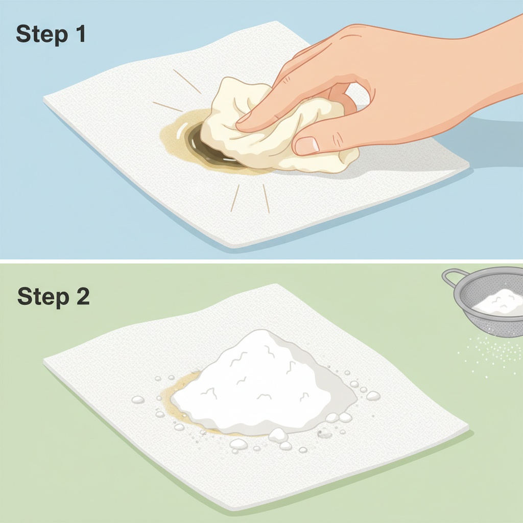 A detailed, step-by-step flat illustration depicting the immediate treatment of a fresh oil stain on a piece of clothing. The scene focuses on a close-up of a light-colored fabric (e.g., a white cotton shirt). In the first step, a hand gently dabs a fresh, visible oil stain with a crumpled paper towel, emphasizing the blotting motion. In the second step, the same stained area is generously covered with a fine, white, powdery substance, like cornstarch or talcum powder. The illustration should use soft, clean colors and clearly show the sequence of actions without any additional elements.