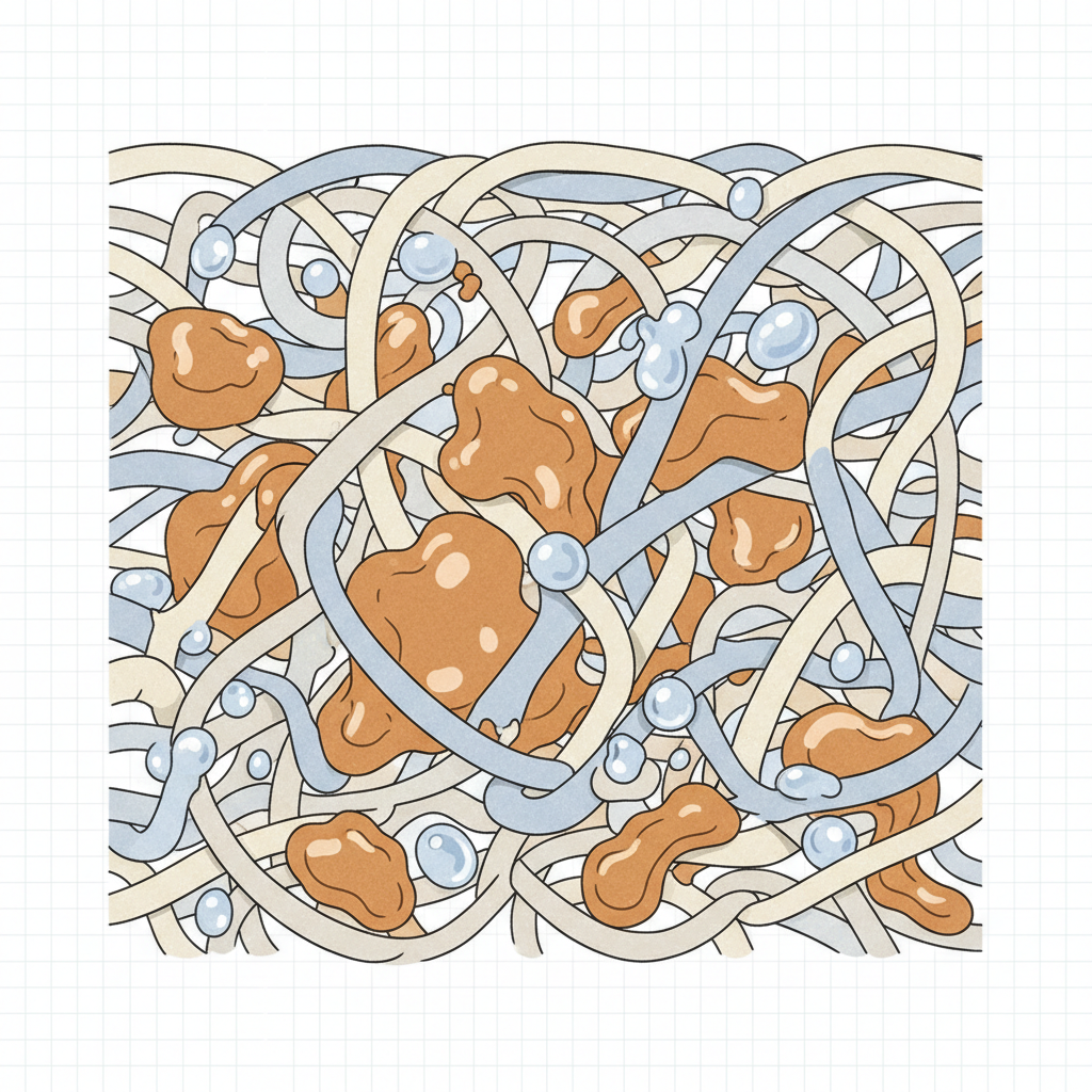 An infographic-style illustration visualizing the microscopic interaction between cooking oil and fabric fibers. The image displays a magnified cross-section of intertwined fabric threads. Small, irregular blobs representing oil molecules are shown deeply embedded within and clinging tightly to these fibers. In contrast, smaller, distinct droplet shapes representing water molecules are visible on the surface, unable to penetrate and effectively dislodge the embedded oil. The overall style should be a clean, scientific illustration with a subtle color palette, emphasizing the difficulty of oil removal due to its strong bond with the fabric.