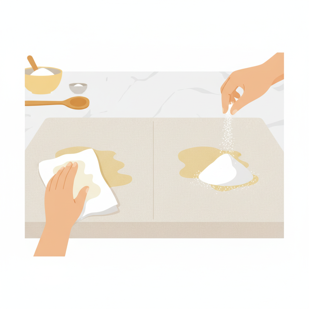 A vibrant, clean flat illustration depicting the immediate treatment of a fresh cooking oil stain on fabric. A subtle oil stain is visible on a light-colored kitchen towel or tablecloth. A hand is gently dabbing the stain with a white paper towel, careful not to spread the oil. In a separate action within the same scene, a small amount of white, granular absorbent powder (like cornstarch or baking soda) is being carefully sprinkled over another part of the stain. The overall composition should be clear, bright, and convey an effective first response.