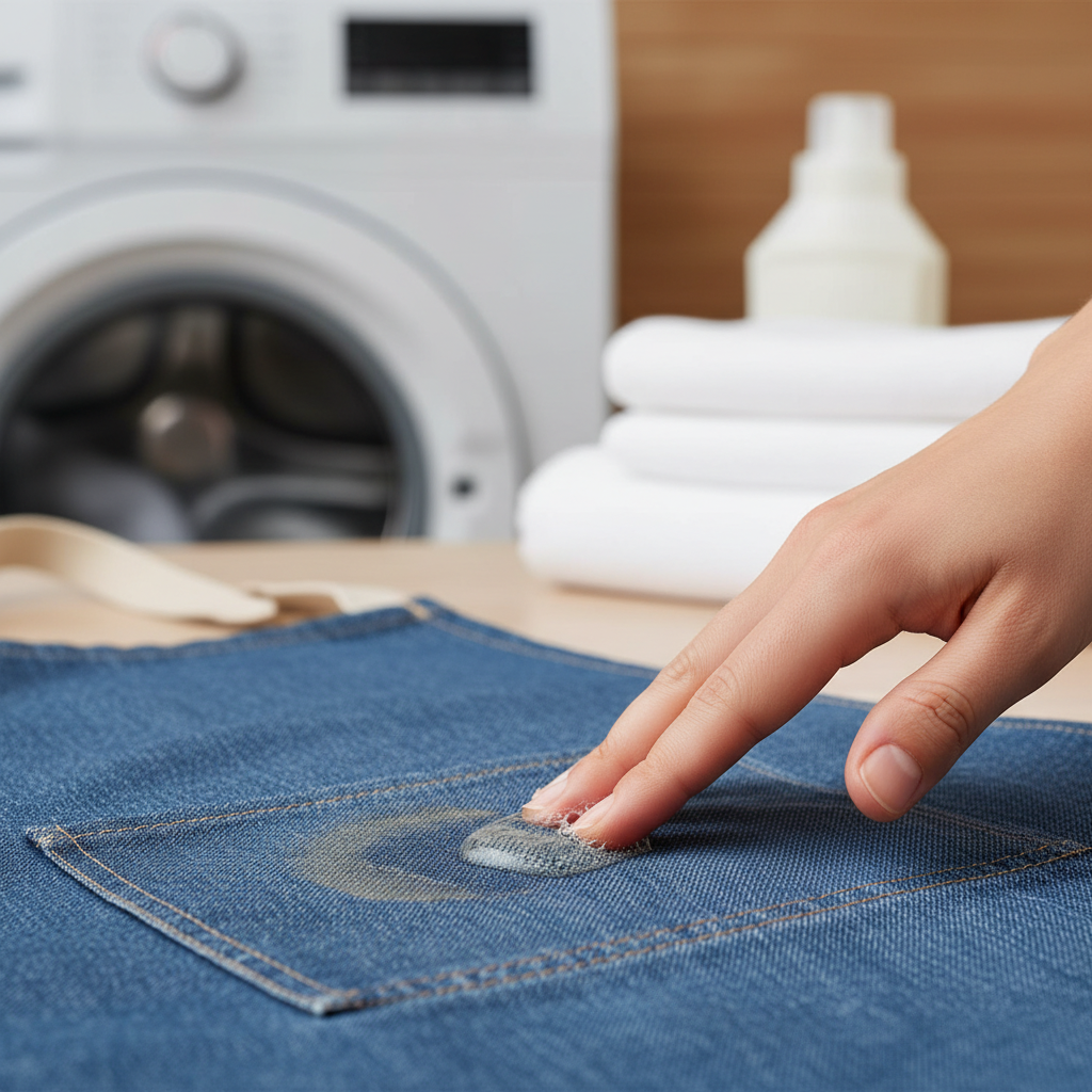 A professional, bright product photography style image showcasing the pre-treatment of a cooking oil stain on clothing. The focus is a close-up on a section of a garment, perhaps a denim apron or cotton shirt, with a distinct, slightly darker oil stain. A hand is gently applying a small drop of clear liquid dish soap directly onto the stain, using fingertips or a soft-bristled brush to work it in. The background is subtly blurred, hinting at a laundry setting, to suggest the next step of washing.