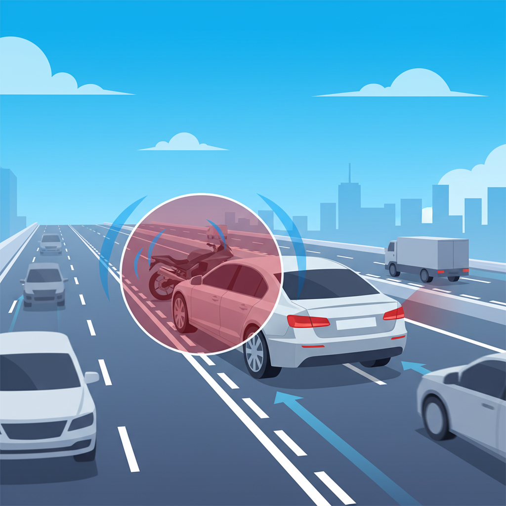 A dynamic infographic style illustration depicting a car on a multi-lane highway, viewed from a slightly elevated, behind-and-to-the-side perspective. The car is preparing to change lanes. A distinct, semi-transparent red zone or shaded area visually emanates from the driver's side mirror, indicating the 'blind spot'. Within this red zone, another vehicle, such as a motorcycle or a smaller car, is almost entirely concealed, illustrating the danger of an unseen object. The overall scene should convey movement and the inherent risk of hidden vehicles, using clear, modern graphic elements.