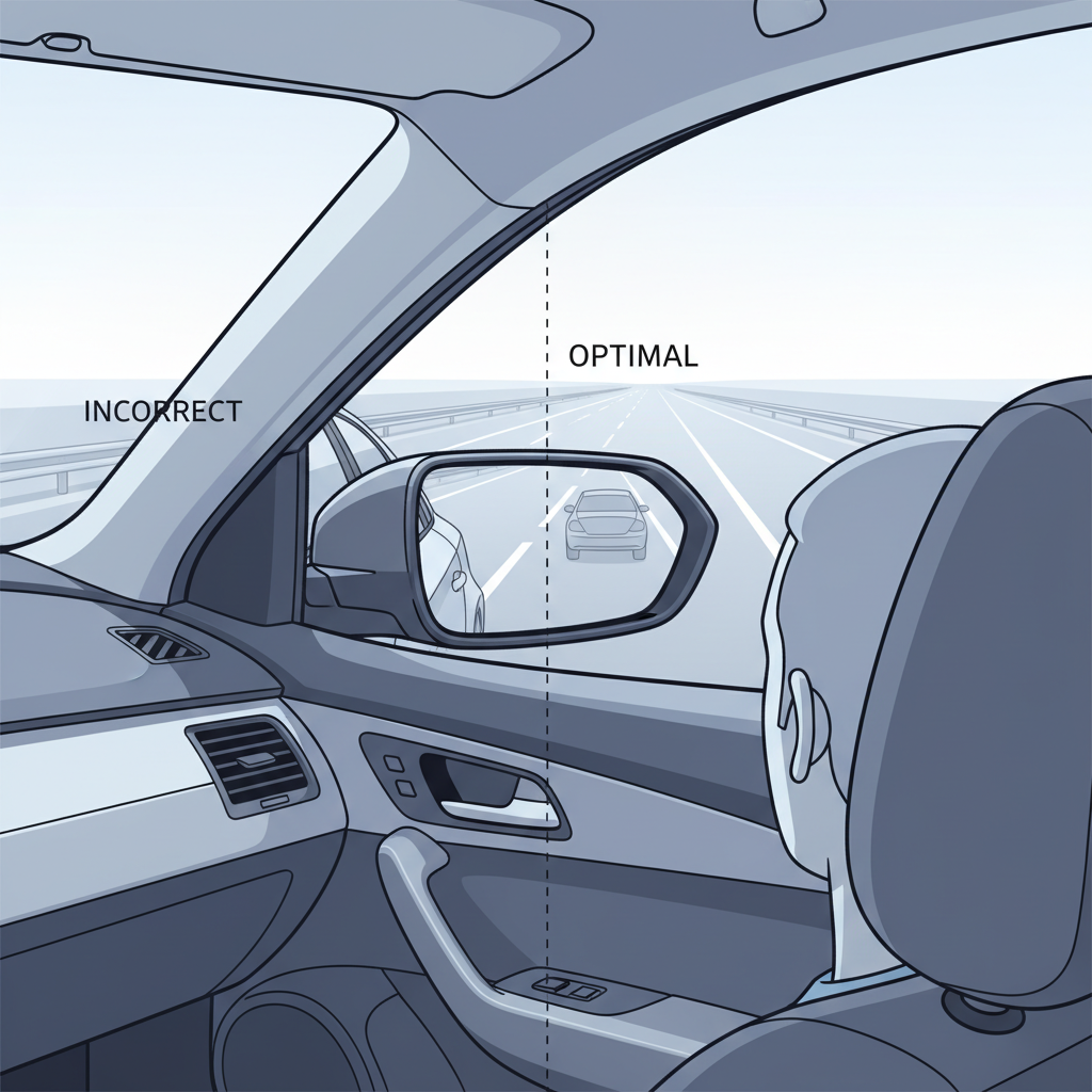 A clean, technical illustration showing the interior of a car from a slight overhead perspective, focusing on the driver's seat and the left side mirror. The illustration should effectively contrast two states of mirror adjustment. On the left side of the mirror, an 'incorrect' view shows a large portion of the car's own body in the reflection. On the right side of the mirror, an 'optimal' view shows minimal car body and a broader expanse of the road beside the vehicle. A subtle, almost transparent outline of a car in the adjacent lane is visible only in the 'optimal' mirror view, emphasizing the improved visibility. The driver's head is slightly tilted towards the side mirror, suggesting the adjustment process.