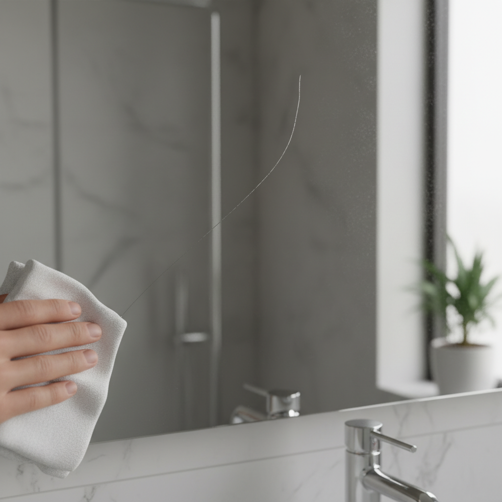 A professional close-up photo of a bathroom mirror showing a distinct, fine scratch across its surface. The mirror should reflect subtle ambient light, emphasizing the imperfection. A blurred hand, possibly holding a soft cleaning cloth, is gently approaching the mirror near the scratch, conveying a sense of inspection or preparation for repair. The background elements of the bathroom should be out of focus to keep the attention solely on the mirror's surface and the scratch.