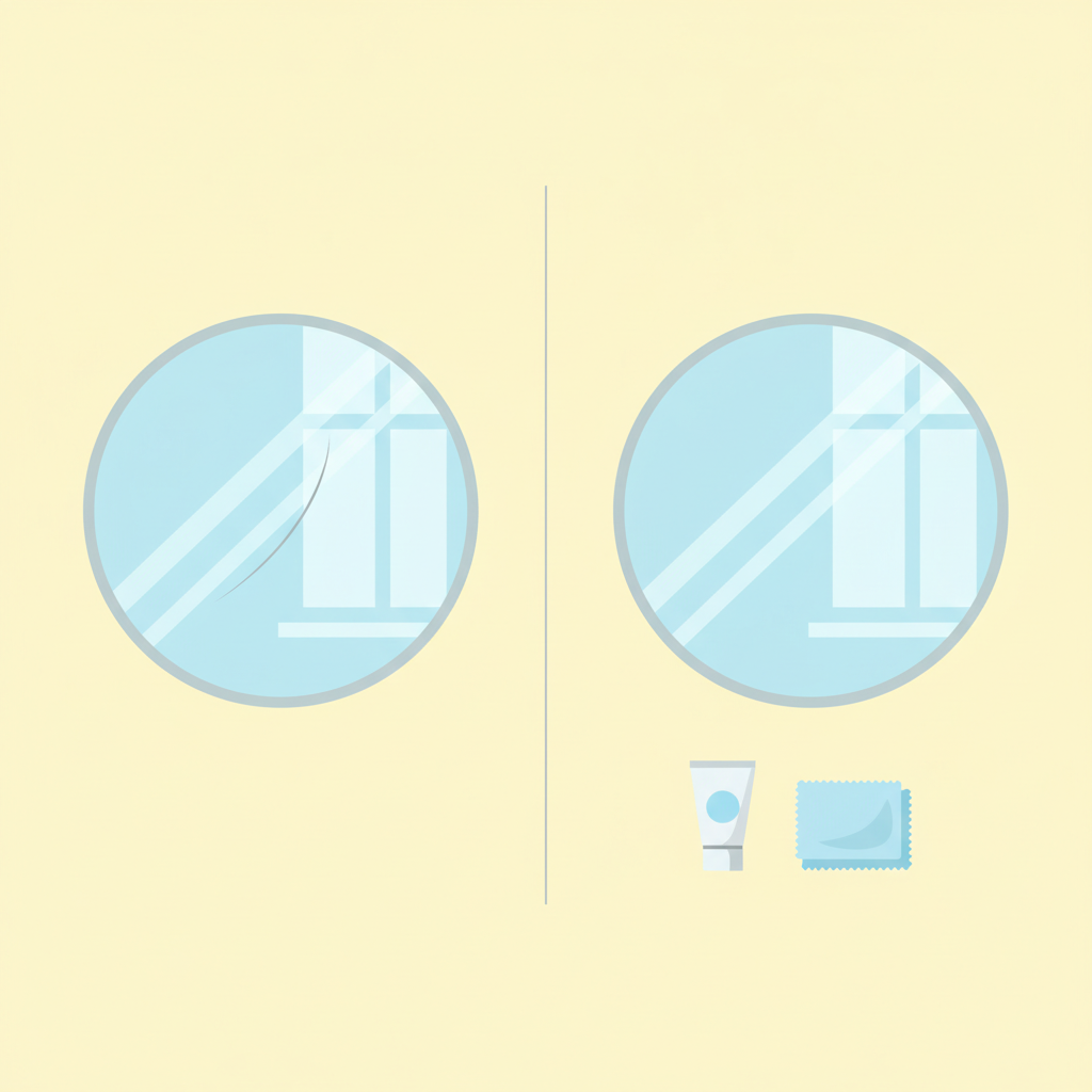 A clean, modern flat illustration depicting a 'before and after' comparison of a mirror surface. On the left side, a section of a mirror features a noticeable, fine scratch. On the right side, the identical section of the mirror is perfectly smooth and reflective, entirely free of the scratch. Subtle visual cues like a small tube of white paste and a soft, folded microfiber cloth are placed near the 'after' section, subtly suggesting a repair method. The overall aesthetic should be bright and optimistic.