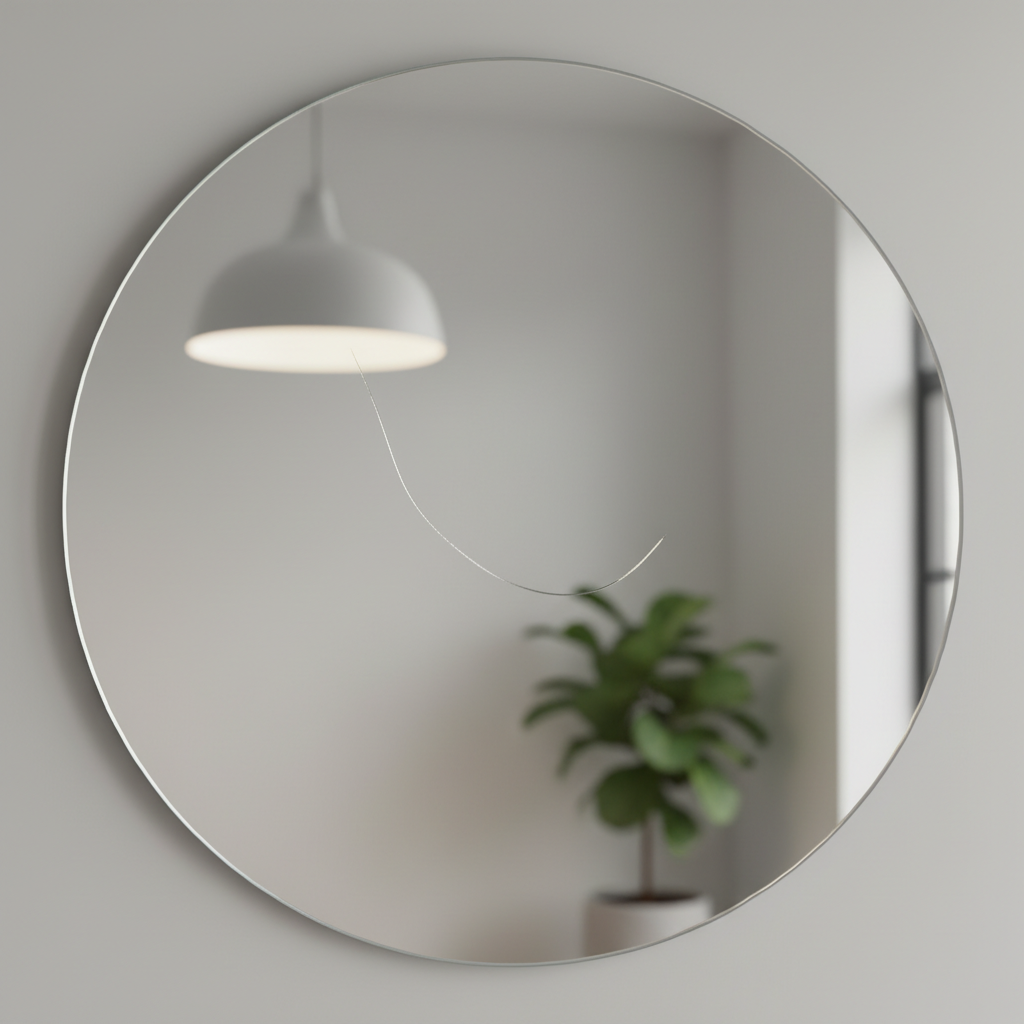 A high-definition, professional close-up photo of a sleek, frameless mirror. The mirror surface prominently displays a noticeable but not excessively deep scratch, catching ambient light to highlight its imperfection. The reflection in the mirror should be subtle and blurred, indicating a clean, minimalist interior. The overall lighting is soft and even, emphasizing the glass texture and the delicate nature of the scratch. The image conveys the immediate visual impact of a scratch on an otherwise pristine reflective surface.