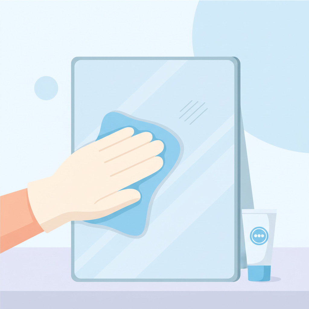 A bright, clean flat illustration depicting the process of scratch removal on a mirror. The image shows a close-up section of a mirror surface. A gentle hand, wearing a light colored glove, is carefully polishing the mirror with a soft, microfiber cloth. A small, generic tube or container of polishing compound is subtly placed nearby, suggesting the tools needed. The background is a simplified, light-toned setting, focusing entirely on the repair action. The overall aesthetic is minimalist and informative, illustrating careful maintenance.