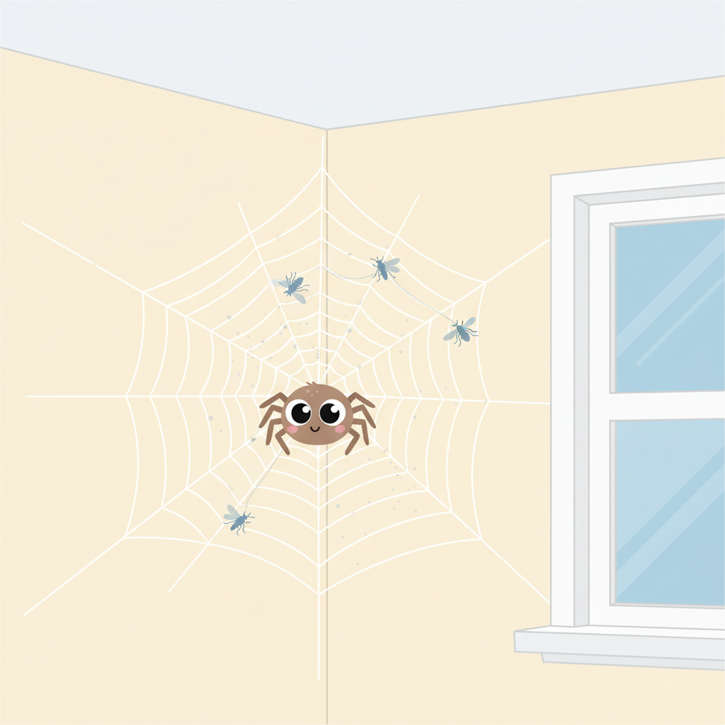 A stylized, flat illustration depicting a common household corner, such as where a wall meets a ceiling, or a window frame. The scene features a small, friendly-looking spider diligently weaving an intricate web. Scattered around the web, and perhaps one or two subtly caught within it, are tiny, simplified illustrations of insects like flies or mosquitoes, representing potential prey. Fine, almost invisible dust particles are beginning to cling to the web strands. The overall aesthetic is clean and informative, explaining the 'why' behind cobweb formation.