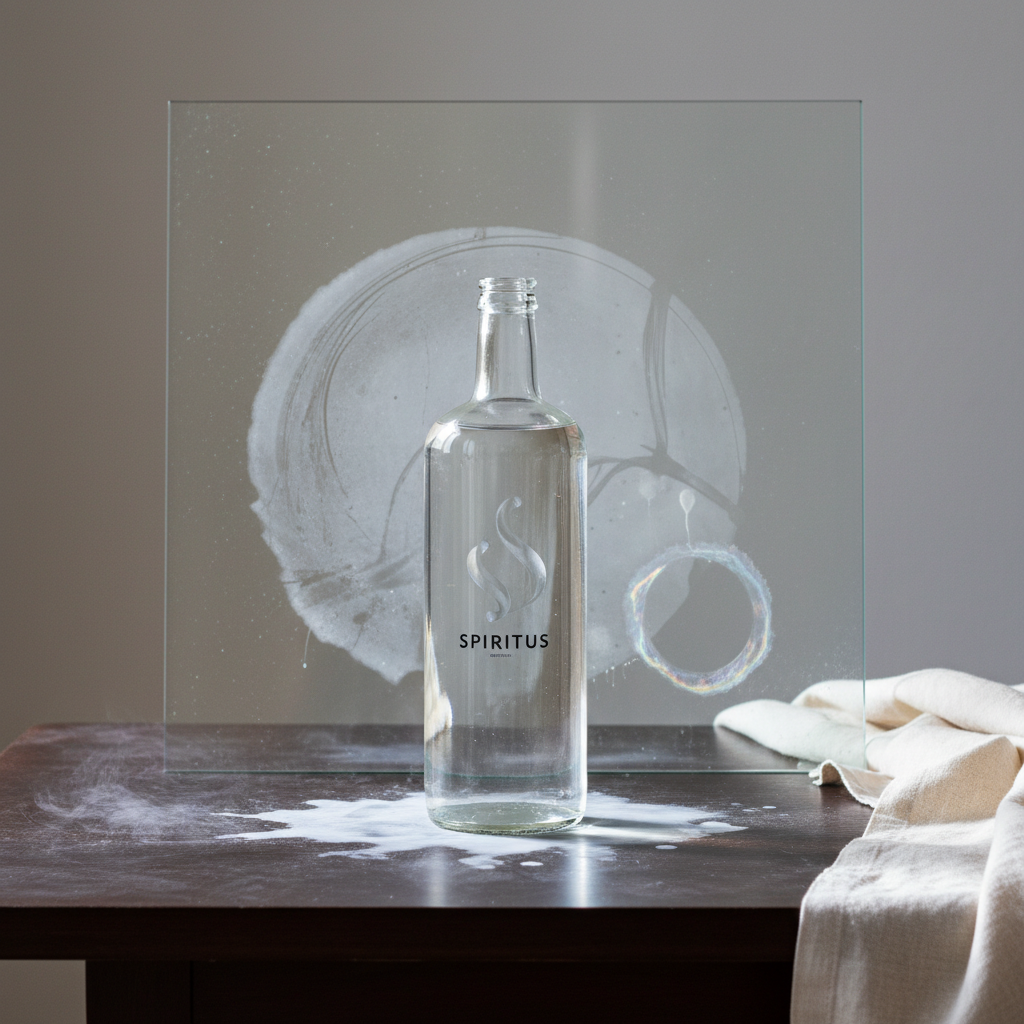 A visually engaging, professional photo depicting the duality of spiritus. In the foreground, a clear bottle of denatured alcohol (Spiritus) stands upright, suggesting its cleaning purpose. However, surrounding it, various common household surfaces are subtly but visibly marked with cloudy, slightly iridescent stains. Show a small section of a dark wooden table with a white haze, a delicate fabric (like a light-colored linen tablecloth) with a dried, ring-like residue, and a pane of glass with faint, streaky marks. The lighting should be bright and clean, emphasizing the contrast between the intended use of the product and the unexpected damage it can cause. No brand labels or text should be visible.