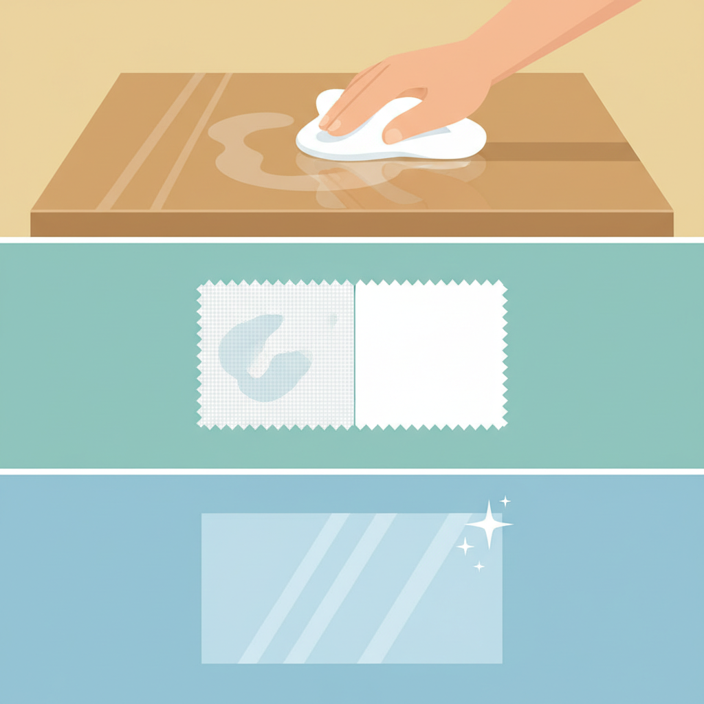 A clean, modern flat illustration showing the effective removal of spiritus stains across different materials. The illustration should be visually segmented or feature multiple distinct vignettes. One segment could depict a hand gently dabbing a cloudy spiritus stain on a polished wooden surface with a soft, clean cloth. Another might show a fabric swatch, half-stained and half-clean, implying successful treatment. A third vignette could feature a transparent surface, like a glass pane, gleaming brightly after being cleaned, with residual streaks vanishing. Use a bright, inviting color palette with clear visual separation between the different material vignettes. The overall impression should be one of cleanliness, effectiveness, and successful resolution.