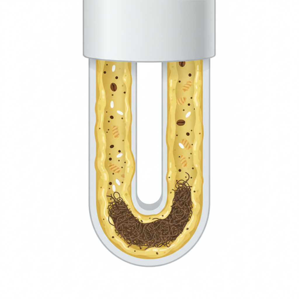 A detailed cross-section illustration of a kitchen sink drain pipe, revealing the various elements contributing to a clog. Show a layered accumulation inside the pipe: a thick, yellowish layer representing solidified grease and oil adhering to the pipe walls. Interspersed within this layer and further down the pipe, depict small, distinct food particles like coffee grounds, rice grains, and pasta bits. A small, dark, tangled mass, hinting at fibrous debris, is also visible. Emphasize the narrowing of the pipe's internal diameter due to these blockages, leading to restricted flow. The overall style should be a clear, informative infographic-like illustration with a clean background, using subtle, natural colors for the debris.