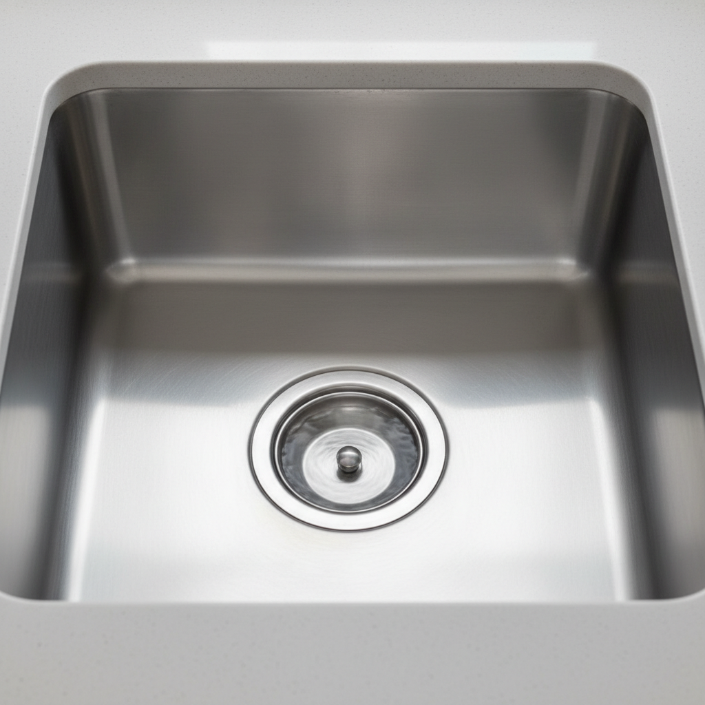 A professional, bright overhead photo or a clean, modern flat illustration of a gleaming kitchen sink. The focus is on the perfectly clean, stainless steel drain opening, sparkling and free of any debris. A gentle swirl of clear, pristine water is shown flowing down the drain, suggesting excellent water flow and cleanliness. The surrounding sink basin is spotless, reflecting light. The overall atmosphere conveys freshness, hygiene, and efficiency. The lighting is soft and natural, highlighting the reflective surfaces and the inviting cleanliness of the kitchen environment. The scene should evoke a sense of satisfaction and a well-maintained home.
