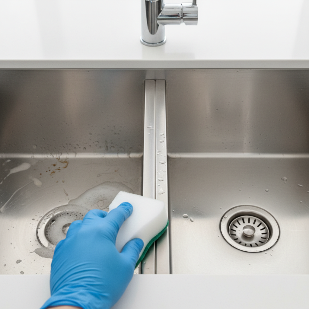 A detailed, professional photo capturing the transformation of a kitchen sink. The image features a close-up of a modern stainless steel kitchen sink. One half of the sink bowl is visibly dull with water spots and subtle grime. A gloved hand, holding a white sponge, is actively wiping the dividing line, revealing the other half of the sink, which is gleaming, spotless, and reflecting overhead light, signifying a brilliant clean. The focus is on the action and the contrast between dirty and clean. Bright, clean product photography style.