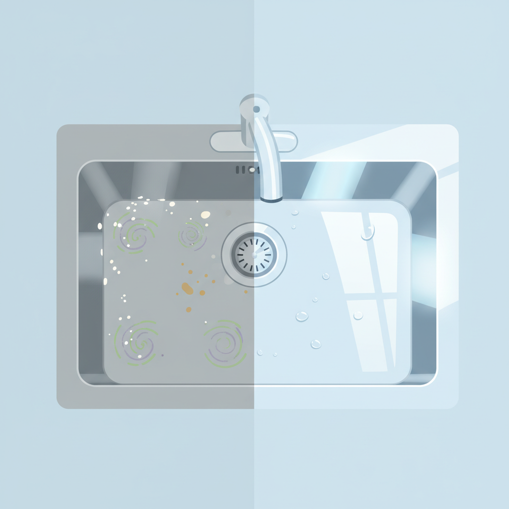 A visually striking flat illustration in an infographic style, depicting the contrast between an unclean and a sparkling clean kitchen sink. On one side, a slightly dull stainless steel sink shows subtle, abstract visual elements like tiny swirling microscopic patterns in muted colors (e.g., faint green or purple) to represent bacteria, along with small white spots indicating lime scale. The other side showcases the same sink, now pristine, gleaming with reflective highlights, and perfectly clean, emphasizing hygiene and aesthetic appeal. The overall impression is clean and modern.