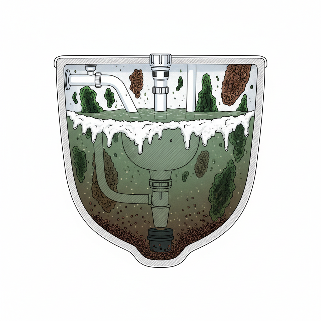 A detailed cutaway illustration of a neglected toilet cistern's interior. Visible are thick, dark green and brown bacterial and algae growths clinging to the internal walls and components. Heavy, white, crusty limescale deposits are evident along the water line and encasing parts of the float valve and flush mechanism. Darker, gritty urine stone buildup can be seen accumulating at the bottom of the tank. The water itself appears cloudy and slightly discolored, emphasizing the need for cleaning. Infographic style with clear lines and subtle textures to highlight the different types of grime.