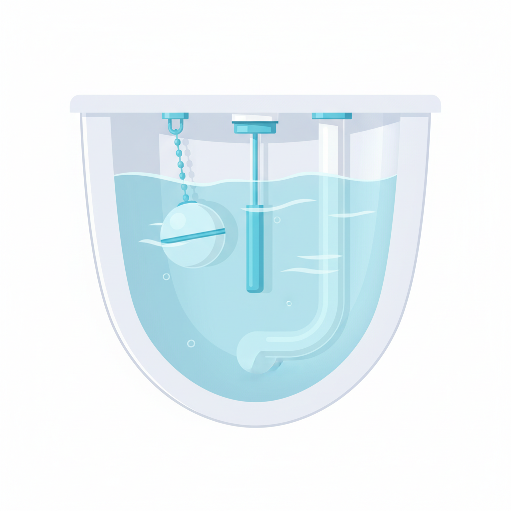 An immaculate, sparkling clean interior of a toilet cistern, presented as a cross-section. The water inside is crystal clear, reflecting light and appearing pristine. All internal components, including the float valve, flush mechanism, and overflow pipe, are spotless, gleaming white or light blue, and appear brand new. The inner walls of the cistern are smooth, free of any discoloration or buildup. The overall impression is one of perfect hygiene, efficiency, and fresh cleanliness, possibly with subtle water ripples. Bright and inviting flat illustration with soft gradients, emphasizing purity and order.