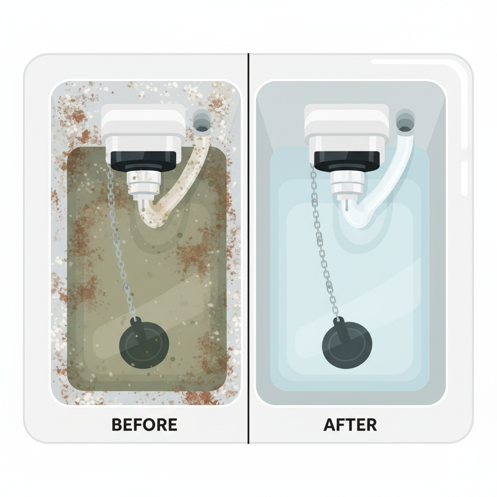 A detailed side-by-side or 'before and after' illustration of the interior of a toilet cistern. On the left side (or 'before' section), show the inside walls coated in heavy limescale and reddish-brown urine scale, with murky water and visible grime on the internal mechanisms. On the right side (or 'after' section), depict the same cistern interior completely spotless, sparkling white, with crystal clear water, and all internal components looking perfectly clean and functional. Use a clean, modern flat illustration style with a clear color contrast between the dirty and clean states, emphasizing hygiene.