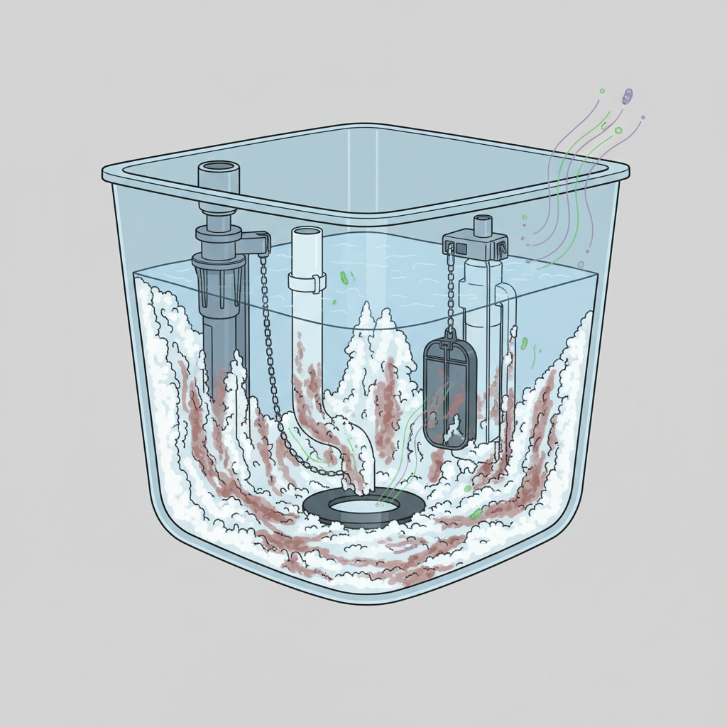 An illustrative cross-section or transparent view of a standard toilet cistern, focusing on the accumulation of common issues. Show the inner walls and submerged plastic/rubber components (like the fill valve or flush valve) covered in layers of white, chalky limescale and distinct reddish-brown urine scale. Subtle, abstract visual cues like swirling particles or faint emanations could suggest bacteria or unpleasant odors originating from these deposits. The style should be a detailed technical illustration or a clean isometric diagram, using a palette that clearly distinguishes the cistern structure from the accumulated dirt.