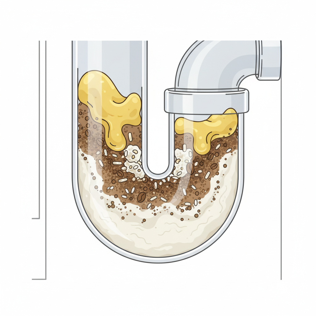 A detailed infographic illustration depicting a cross-section of a clogged dishwasher drain hose and a segment of the connected S-trap. Inside the clear pipe walls, show an accumulation of various materials: hardened yellow grease blobs, small brown and white food particles (like rice or coffee grounds), and a layer of off-white soap scum, all coalescing to significantly narrow the internal diameter of the pipe. The surrounding environment is clean, focusing attention on the internal blockage. Use clean lines and slightly muted, distinct colors for each type of debris.
