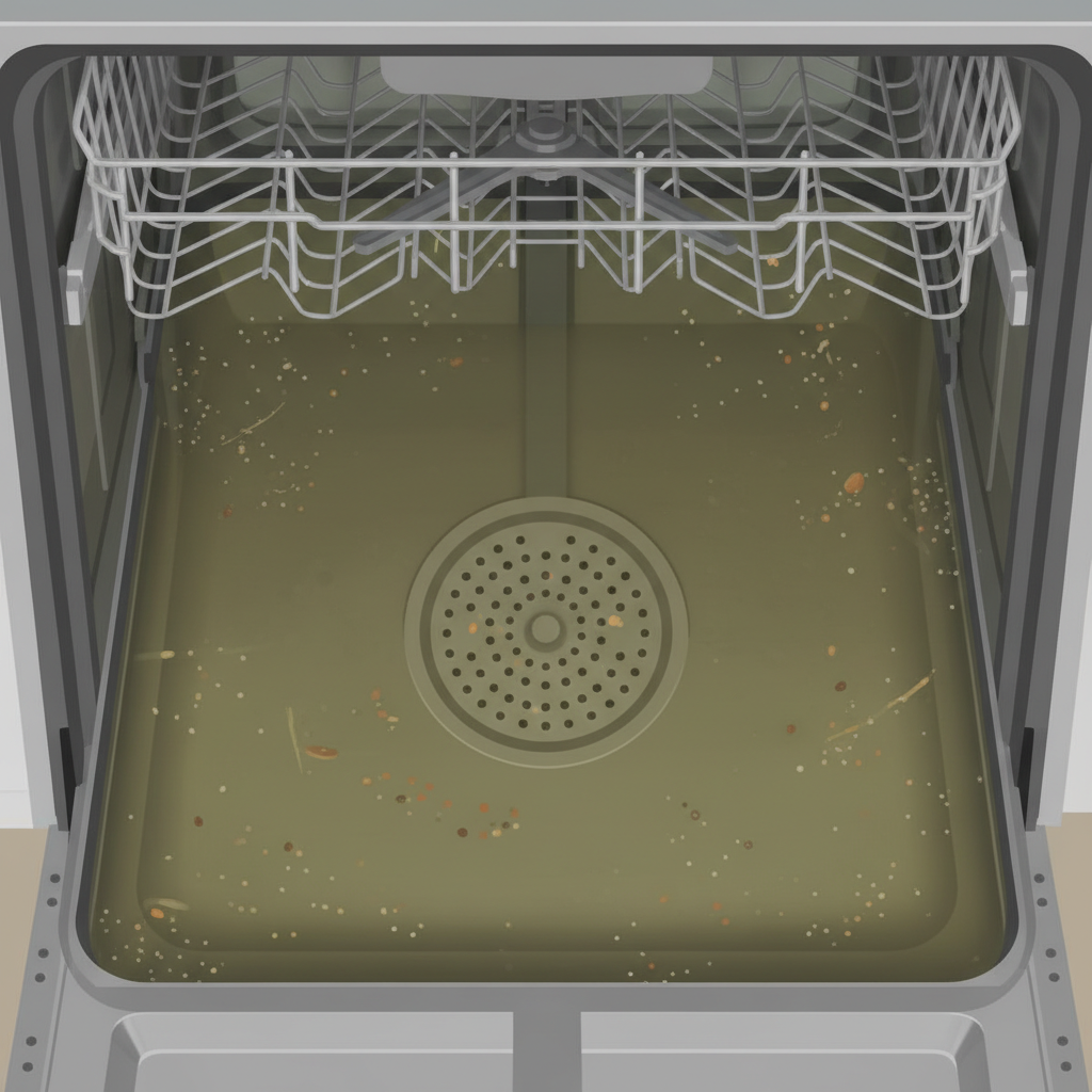 A realistic photo illustration of the inside of a modern dishwasher, looking down into its basin. The bottom of the dishwasher is visibly filled with murky, stagnant water, slightly above the level of the filter grate. The water has a slight brownish-green tint, suggesting old food particles and grime. The overall scene should evoke a sense of inconvenience and a mechanical problem, emphasizing the visible standing water as a key symptom. Lighting is subtle, highlighting the murky water. No hands or people are visible.