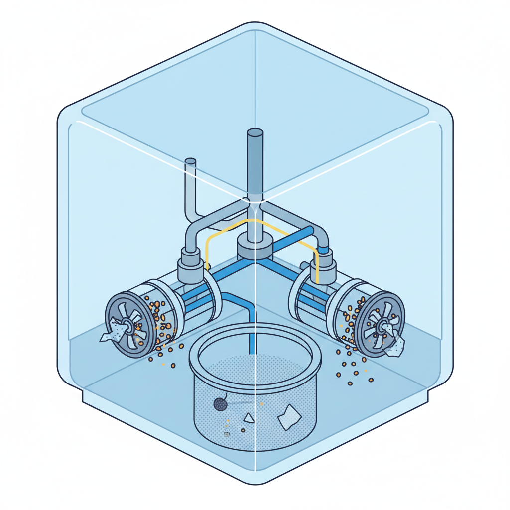 An infographic-style illustration presenting a clear, simplified cutaway view of the lower interior of a dishwasher. Key components like the circulation pump, drain pump, and sump filter are visible. Highlight potential problem areas: a collection of small food particles, a fruit pit, and a tiny glass shard are visibly obstructing the impeller of either the circulation or drain pump, and gathering around the filter. The internal mechanics are cleanly depicted with a transparent outer shell.