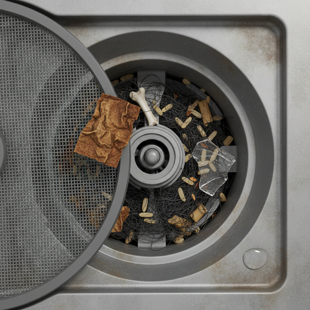 A highly detailed close-up, somewhat magnified view of a dishwasher's sump area at the bottom of the wash tub. The filter screen is partially visible, but the primary focus is on the area around the pump impeller (or where it would be). Various foreign objects are clearly trapped and tangled: crumpled food debris, a small bone fragment, and a tiny piece of broken glass. The scene emphasizes the direct cause of a mechanical blockage, rendered with a realistic 3D illustration style.