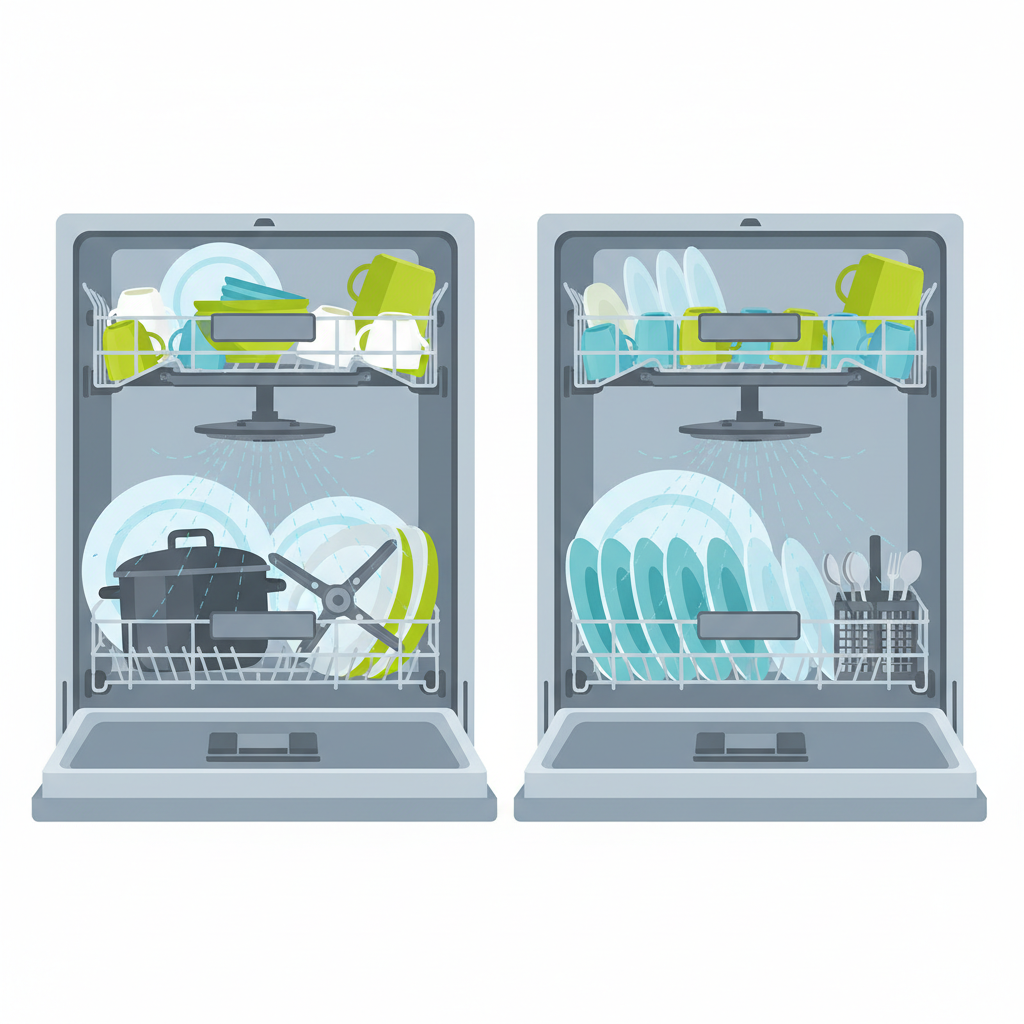 A clean, professional flat illustration presented as a diptych (two side-by-side panels). The left panel shows the interior of a dishwasher loaded improperly: dishes are haphazardly stacked, and a large pot or tray clearly blocks the rotation of the lower spray arm. The right panel shows the same dishwasher, but perfectly loaded: dishes are neatly arranged, and both the upper and lower spray arms are completely unobstructed. The contrast in loading style should be visually obvious, using a bright, accessible color palette.