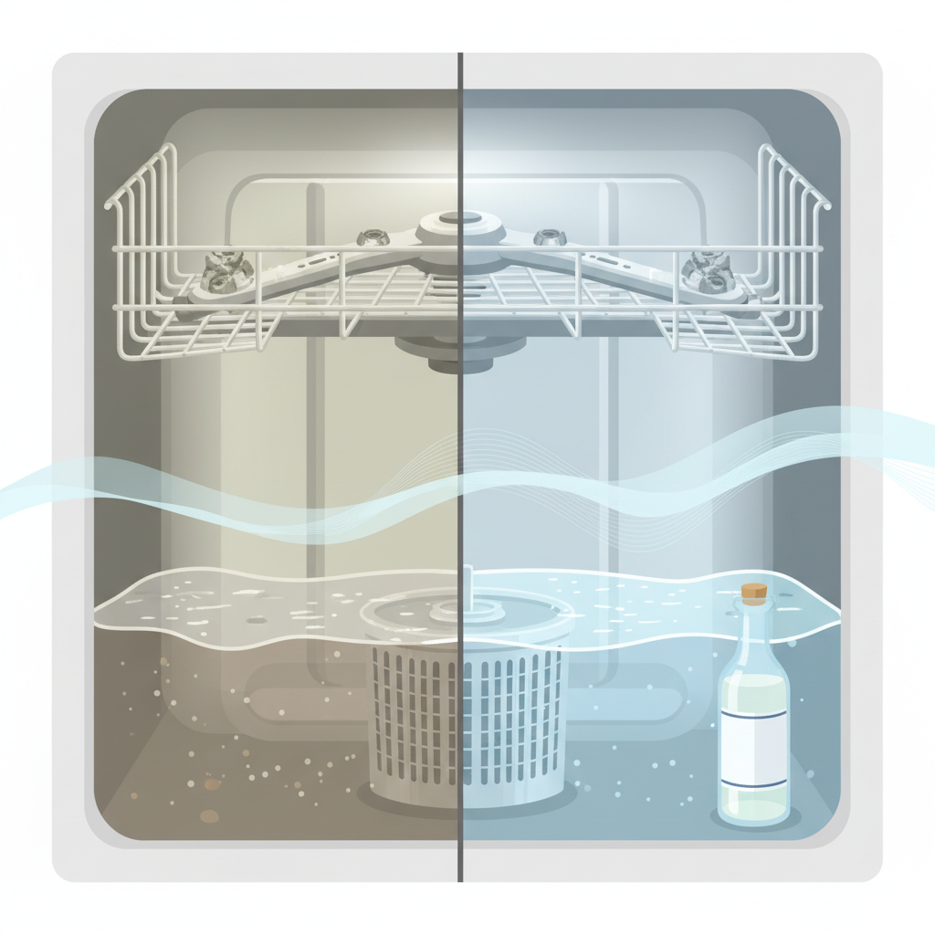 A stylized, split-view illustration of a dishwasher interior. One half depicts a dirty state, showing visible limescale deposits on the heating element and clogged nozzles on a spray arm, along with murky water in the filter area. The other half shows the same areas sparkling clean and free of grime, reflecting light. A bottle of white vinegar is subtly positioned in the clean half, with a gentle, transparent 'cleaning wave' flowing from it towards the dirty side, symbolizing its purifying effect. The overall style is clean, modern flat illustration with soft shadows, suitable for a health and home blog.