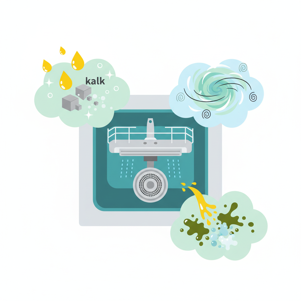 A vibrant, dynamic flat illustration showcasing the key benefits of cleaning a dishwasher with vinegar. The central element features a simplified cross-section of a dishwasher's lower spray arm and filter basket. Surrounding this, several circular or cloud-shaped elements visually represent different benefits: one shows white vinegar droplets dissolving stylized grey 'kalk' particles; another depicts a swirling motion eliminating unpleasant odors (represented by subtle wavy lines); and a third illustrates grease splatters visibly dissolving into a clean, bubbly effect. The color palette should be fresh and clean, using shades of blue, green, and white, with accents of yellow for the vinegar. The focus is purely visual, infographic-like.
