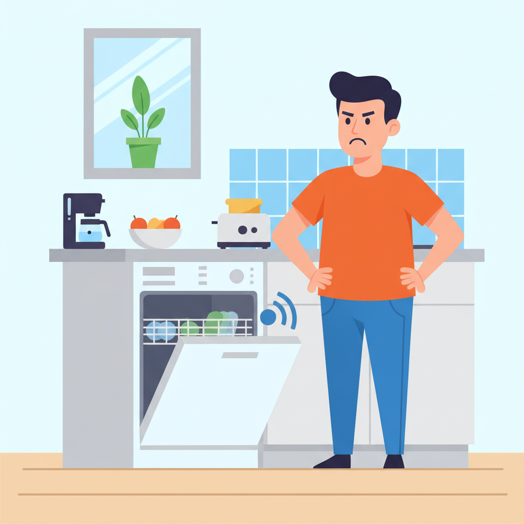 A vibrant, modern flat illustration depicting a common household kitchen scene. A slightly cartoonish, frustrated person stands next to a white dishwasher that has its door slightly ajar and emits subtle sound wave icons indicating a 'beep'. The person has hands on hips, looking annoyed at the malfunctioning appliance. The background shows a minimalist kitchen counter with typical kitchen items. The overall mood conveys a common, relatable domestic appliance malfunction with a clean, approachable aesthetic.