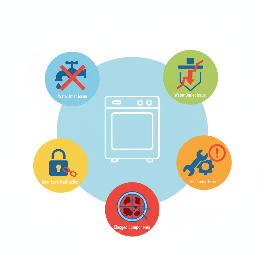 An infographic-style illustration presenting five common dishwasher problems in a clear, structured manner. Five distinct, clean icons are arranged around a central, stylized outline of a dishwasher. Each icon visually represents a problem: a tap with a cross (water inlet issue), a drain symbol with an arrow blocked (water outlet issue), a padlock symbol (door lock malfunction), a gear or wrench symbol (electronic errors), and a filter/sieve icon with a visible obstruction (clogged components). The style is minimalist with clear, universally understandable symbols and a bright color palette.