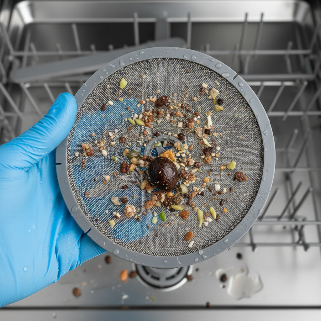 A professional, high-angle close-up photograph or highly realistic digital painting showing the interior bottom of a modern dishwasher. A pair of gloved hands is carefully removing or holding up a cylindrical, mesh filter from the base of the dishwasher. Visible debris like food particles, small seeds, or grime are subtly depicted on the filter, emphasizing the accumulation of obstructions and the necessity of cleaning. The background shows the shiny stainless steel interior of the appliance.