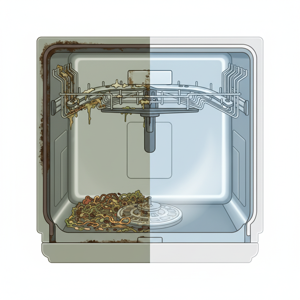 A detailed flat illustration showing a split view of a dishwasher interior. On the left side, depict a heavily used and dirty dishwasher: the filter is visibly clogged with food debris, the spray arms show limescale build-up and blockages, and the door seals are grimy. Use muted, dull colors to convey neglect. On the right side, show the exact same dishwasher interior but impeccably clean and sparkling. The filter is clear, spray arms are pristine and unobstructed, and seals are spotless. Use bright, fresh colors to convey cleanliness and efficiency, highlighting the 'before and after' contrast.