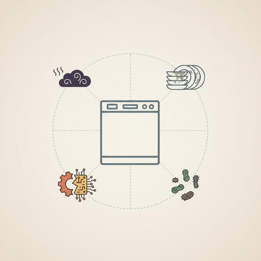 A conceptual infographic-style illustration depicting the negative consequences of a dirty dishwasher. In the center, a simplified outline of a dishwasher. Emanating from it, several distinct visual icons symbolize the problems: a wavy cloud representing unpleasant odor, a stack of streaky and dull dishes, a broken gear or circuit board suggesting malfunction/wear, and microscopic bacteria/mold symbols. Use a clean, modern vector art style with a slightly desaturated color palette to emphasize the undesirable outcomes, without being overly grim or technical.