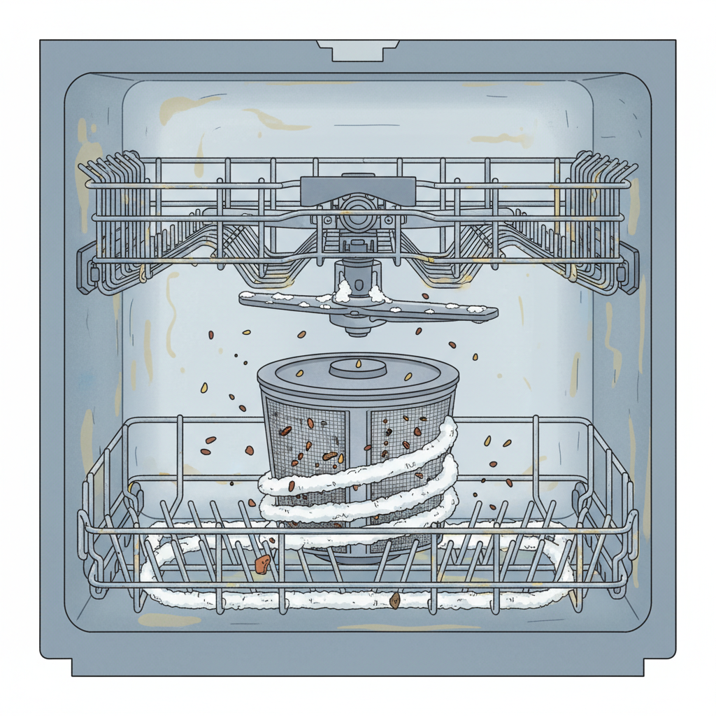 A highly detailed, cross-section illustration of a dishwasher interior, showcasing common issues before cleaning. Focus on the lower rack area, the filter basket, and the sprayer arm. Visible elements include a subtle greasy film coating the inner walls, distinct white chalky lime scale deposits on the heating element and sprayer arm nozzles, and small, dark food particles visibly trapped within the filter mesh. The scene conveys a sense of accumulated dirt and inefficiency, in a clean, professional infographic style with a slightly desaturated color palette to emphasize the problem areas. No text or labels whatsoever.
