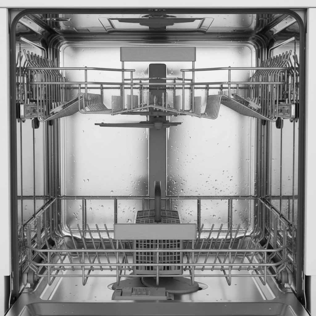 A bright, professional photo-realistic render of a sparkling clean dishwasher interior. The scene should emphasize reflective, spotless stainless steel walls and perfectly clear, unblocked sprayer arms. A few glistening water droplets are visible on the surfaces, refracting light to convey extreme cleanliness and freshness. The filter basket is visibly empty and pristine. The overall impression is one of efficiency and hygiene, suggesting a machine performing optimally after a thorough cleaning. The lighting is soft and inviting, highlighting the pristine condition. No text or labels whatsoever.