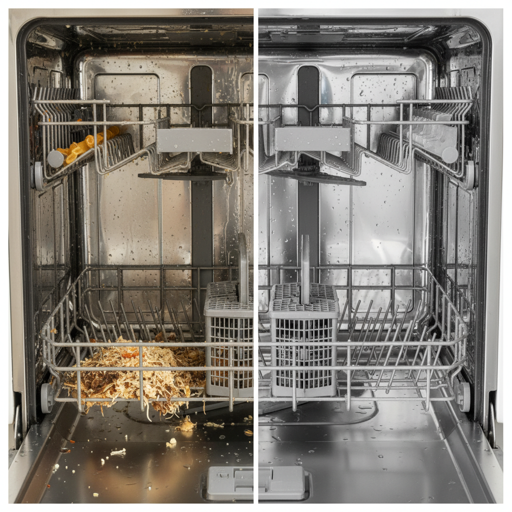 A split image illustrating the dramatic difference between a dirty and a clean dishwasher interior. On the left side, depict a visibly grimy dishwasher with dull, streaky stainless steel walls, a clogged filter basket overflowing with food debris, and limescale buildup on the spray arms and racks, conveying a sense of neglect and inefficiency. The atmosphere is somewhat murky and unwelcoming. On the right side, show the same dishwasher transformed into a pristine, sparkling clean state. All surfaces gleam, the filter basket is impeccably spotless, and the spray arms are free of any residue, reflecting light brilliantly. The overall impression is one of freshness, hygiene, and optimal function. Professional photo with bright, clear lighting and sharp focus.