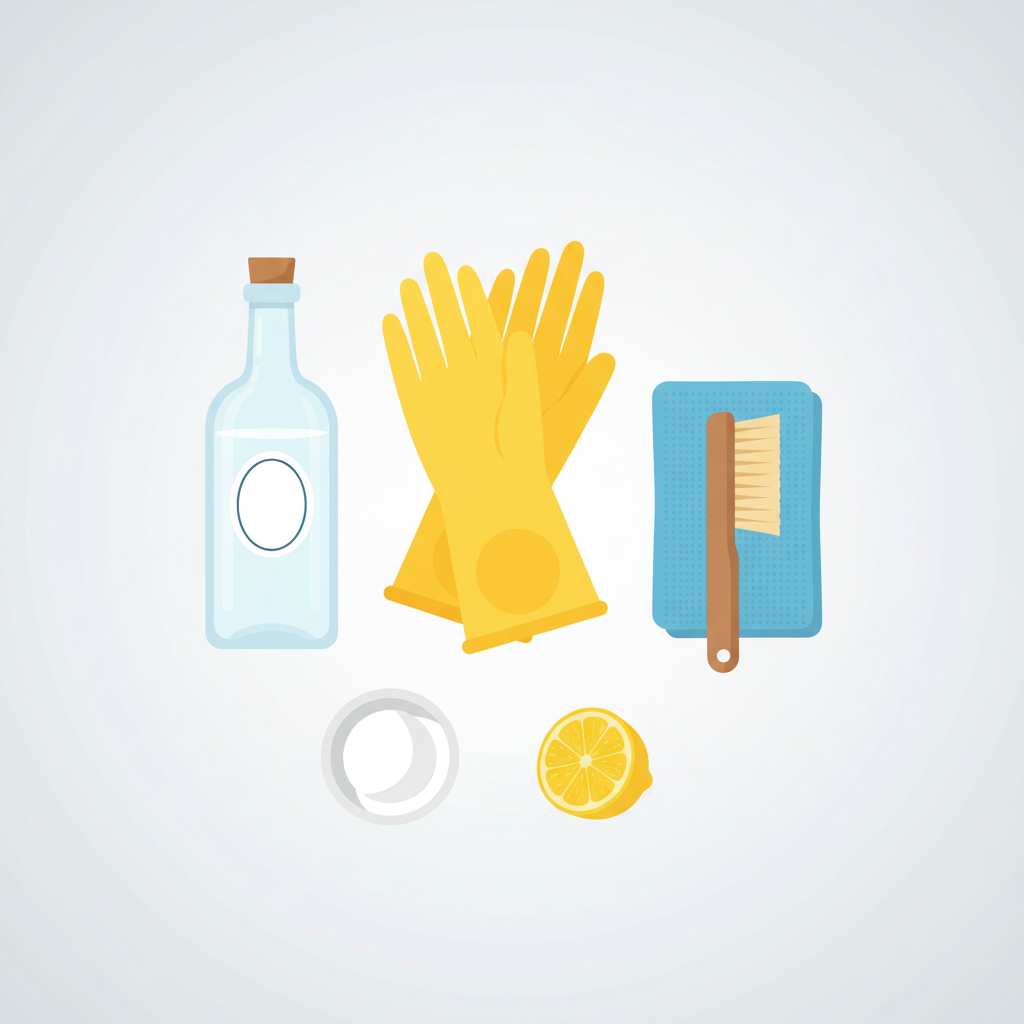 A bright, clean flat lay illustration showcasing various essential tools and household items used for effective dishwasher cleaning. The arrangement should include practical items such as sturdy rubber gloves, a compact scrubbing brush, a soft microfiber cloth, a bottle of white vinegar, a small bowl containing baking soda, and a lemon half. These items are neatly organized on a light, minimalist background, suggesting readiness and ease of use. The composition should convey a sense of simplicity and preparedness for a cleaning task, highlighting natural and effective cleaning solutions. Flat illustration style with clean lines and a fresh color palette.