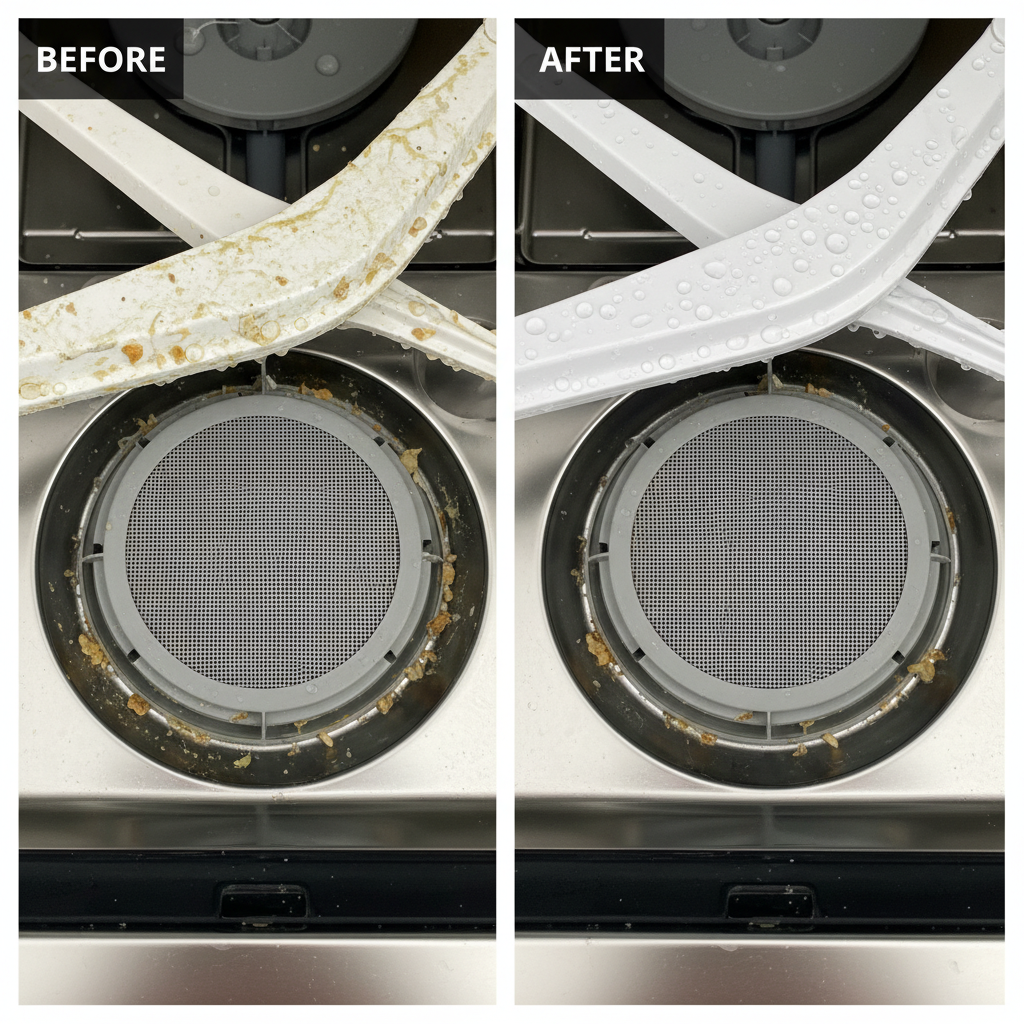 A professional photo showing a visually striking before-and-after comparison of a dishwasher's interior. On the 'before' side, a close-up reveals a lower spray arm, the bottom filter, and parts of the door seal visibly coated in dull, off-white limescale, greasy residues, and small food particles. The scene conveys neglect and reduced efficiency. On the 'after' side, the exact same components are now gleaming, sparkling clean, free of any residue or discoloration. Water droplets might be visible, enhancing the sense of freshness and pristine condition, highlighting the successful outcome of cleaning.