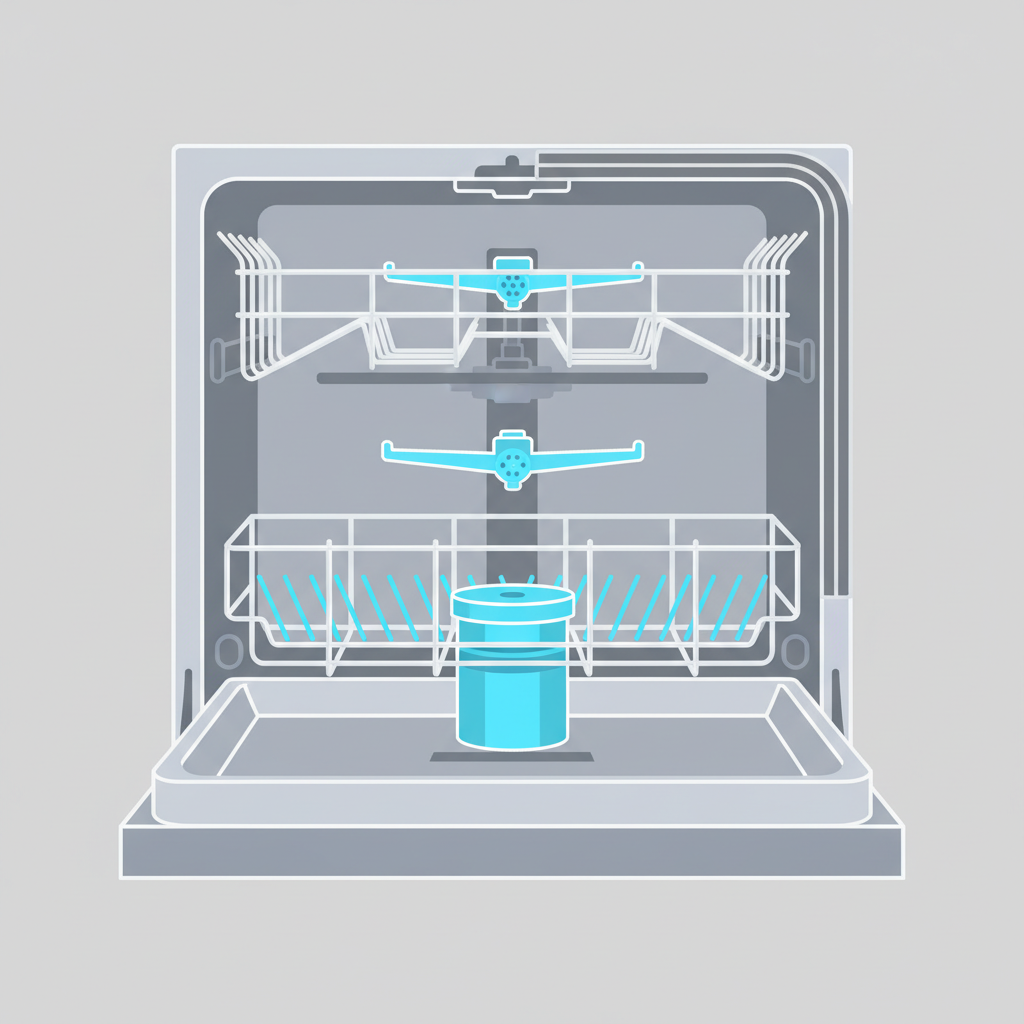 A clean, modern flat illustration depicting a cutaway view of a dishwasher's interior. The focus is on three key components: the cylindrical filter unit at the bottom of the wash tub, both the upper and lower rotating spray arms, and the rubber seal lining the inner edge of the door. These specific parts are highlighted through a slightly brighter color or subtle outline, drawing attention to them as areas requiring maintenance. The overall interior is rendered in a minimalist style, emphasizing the machine's functional parts without any clutter.