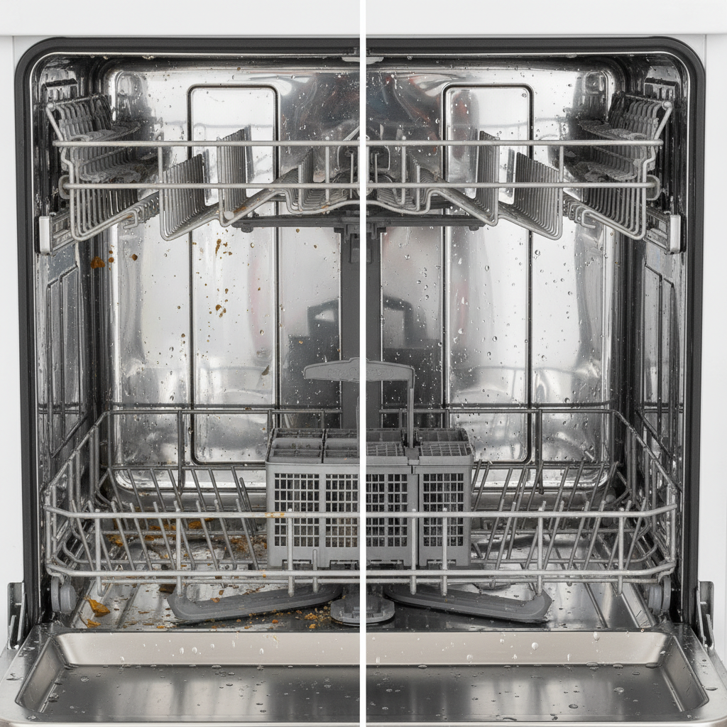 A professional, high-resolution photo or realistic 3D render showing a split view of a dishwasher interior. The left side depicts a neglected dishwasher: visible food residue, grease stains, limescale buildup on the heating element and cloudy film on the racks and door seal. The right side shows the identical dishwasher interior sparkling clean: gleaming stainless steel, a pristine filter, clear spray arms, and not a speck of dirt or limescale, with a subtle sheen indicating hygiene and newness. The contrast should be stark, highlighting the transformation from dirty to perfectly clean.